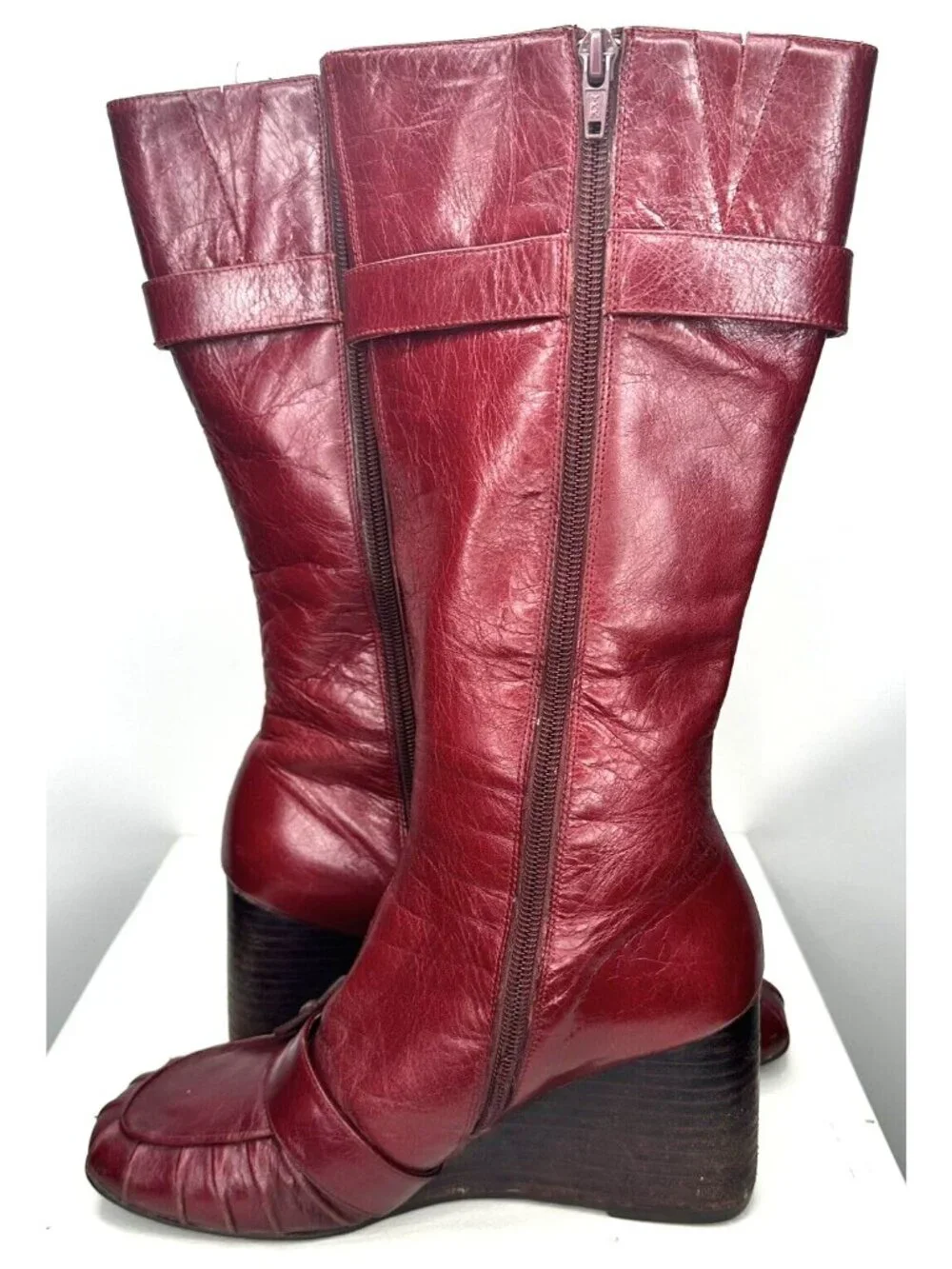 Miz Mooz Broadway Red Leather Knee High Wedge Boots Womens 6 Zip Boho Witchy - Picture 7 of 13